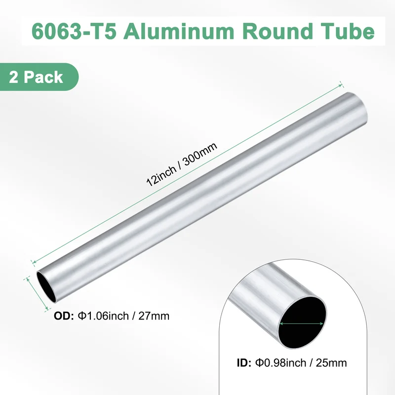 2-Pack 6063 Aluminum Round Tube, 25mmx27mm(IDxOD) 300mm Length Straight Tubing