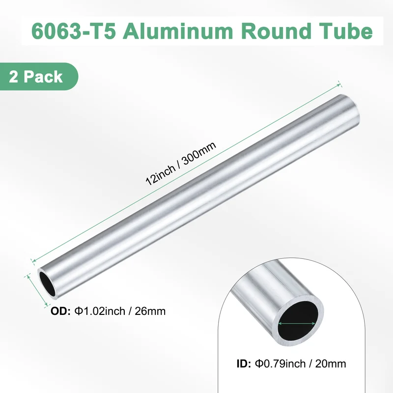 2-Pack 6063 Aluminum Round Tube, 20mmx26mm(IDxOD) 300mm Length Straight Tubing