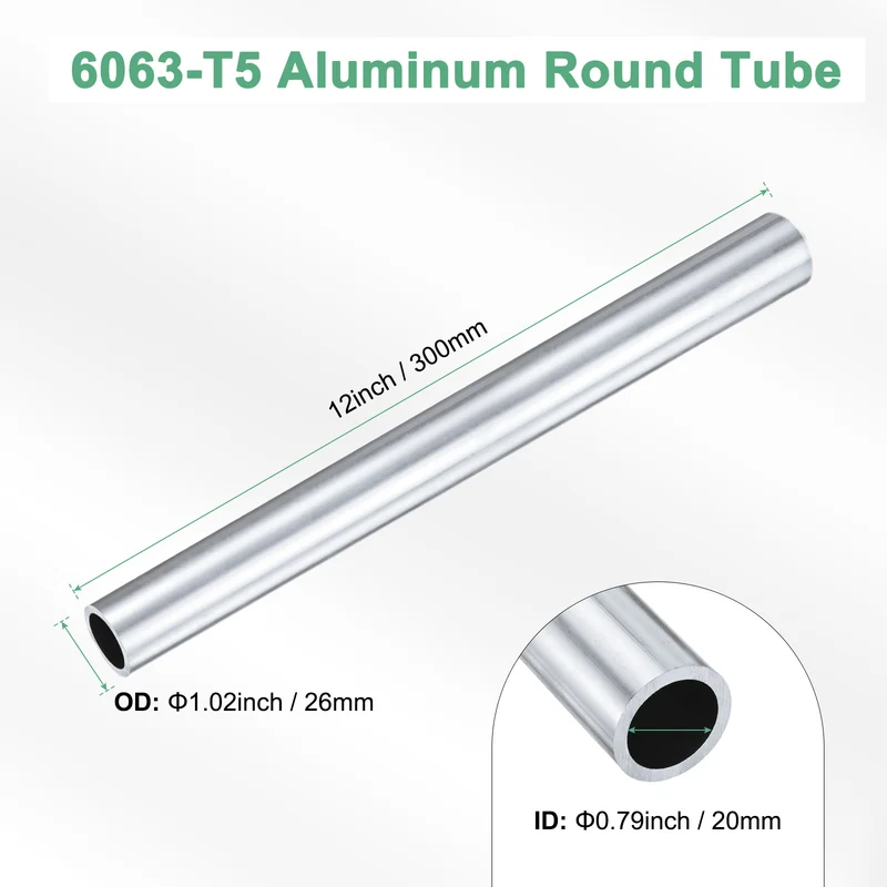 1-Pack 6063 Aluminum Round Tube, 20mmx26mm(IDxOD) 300mm Length Straight Tubing