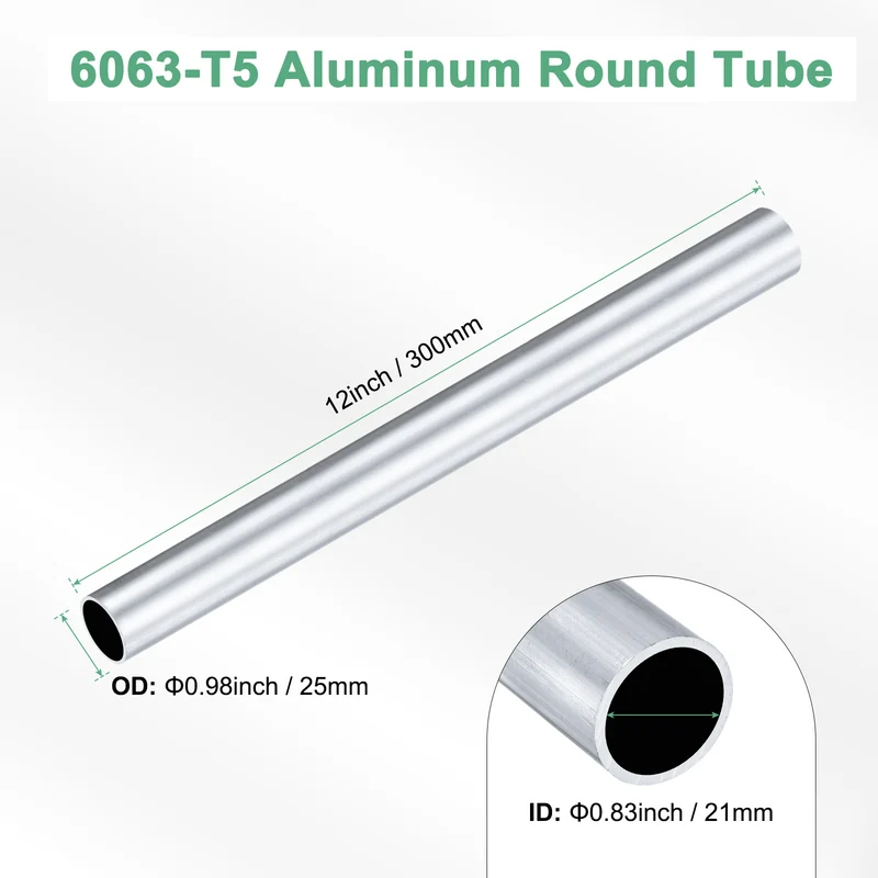 1-Pack 6063 Aluminum Round Tube, 21mmx25mm(IDxOD) 300mm Length Straight Tubing