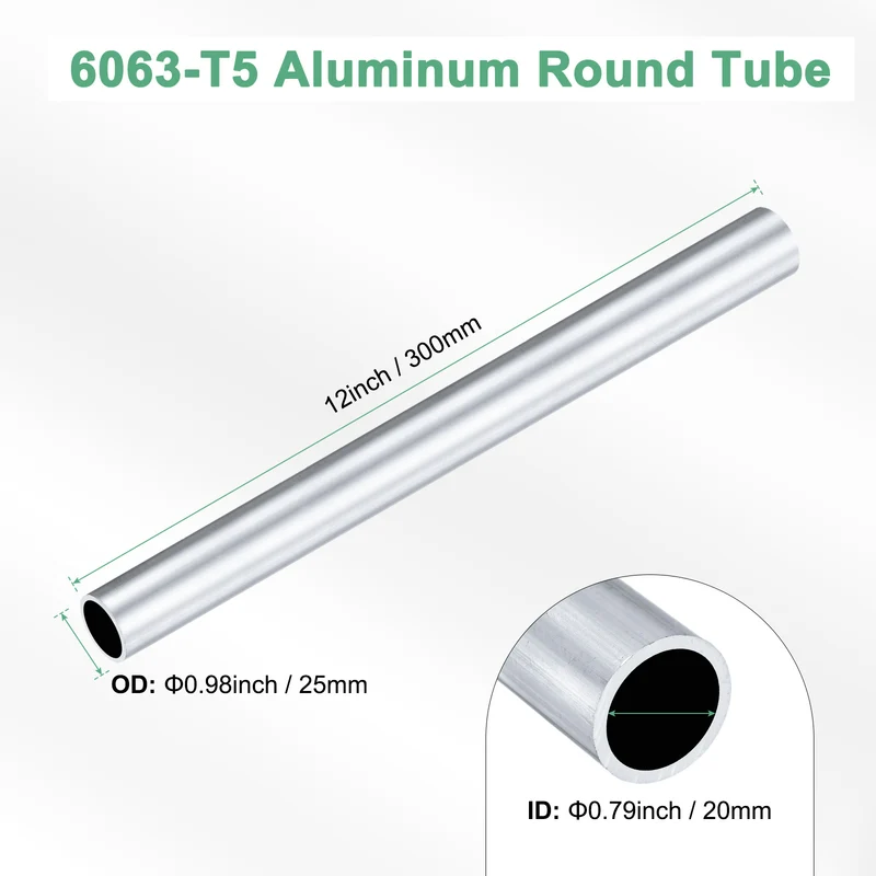 1-Pack 6063 Aluminum Round Tube, 20mmx25mm(IDxOD) 300mm Length Straight Tubing