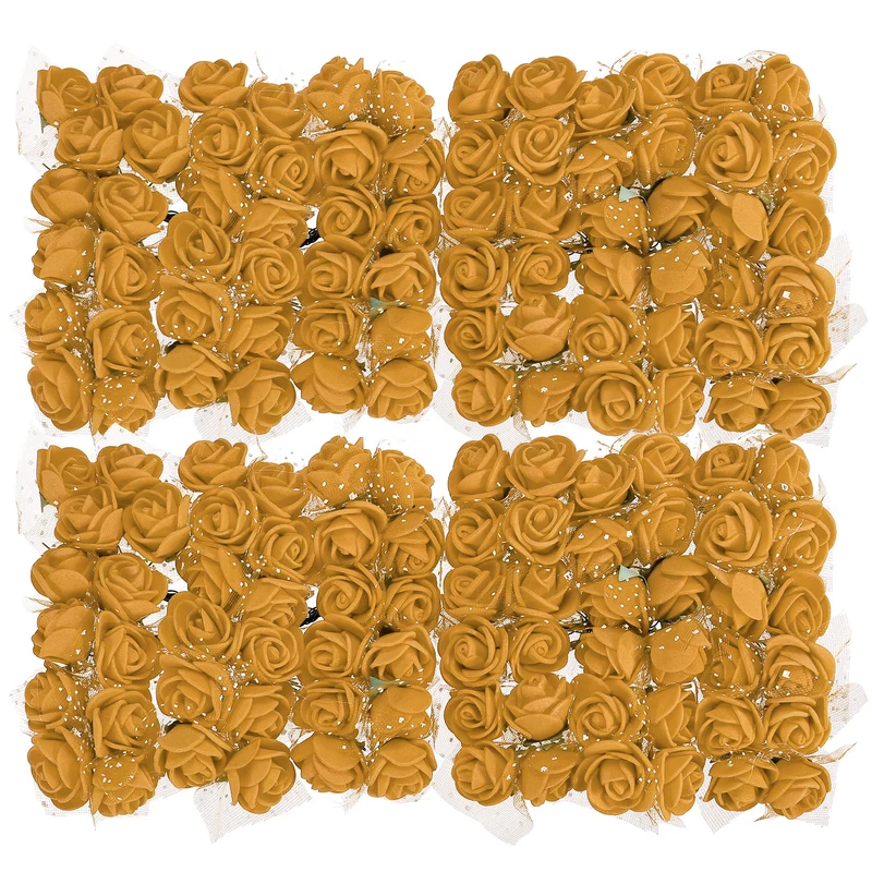 Artificial Rose Flower Heads, Gold Tone Mini Faux Flowers 0.8 Inch-1 Inch 144Pcs