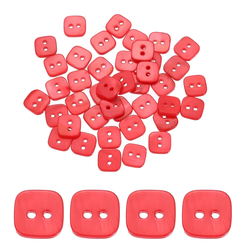 50 Pcs Square Mother of Pearl Buttons 2 Holes 11.5mm for Sewing Crafts Red