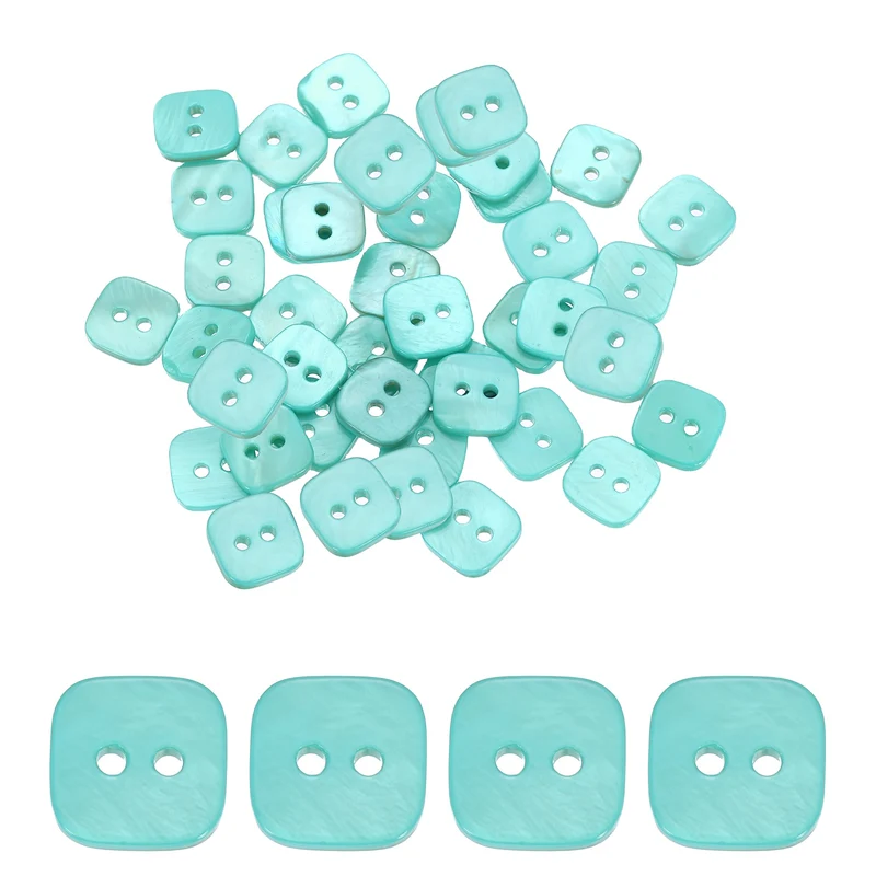 50 Pcs Square Mother of Pearl Buttons 2 Holes 11.5mm for Sewing Crafts Green