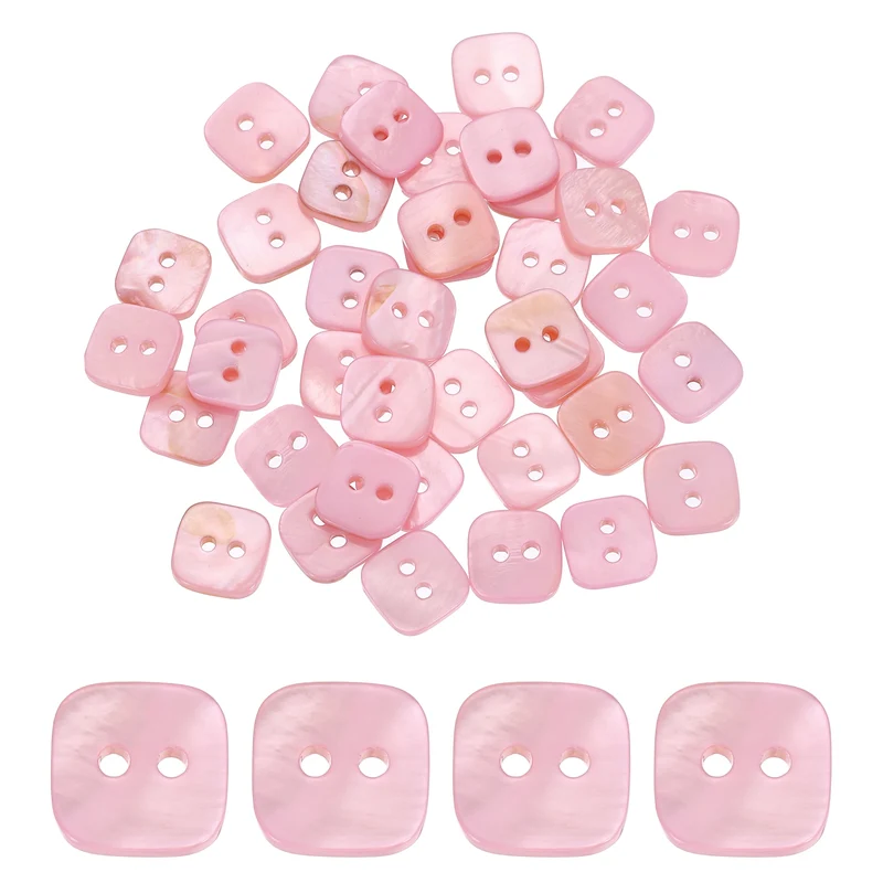 50 Pcs Square Mother of Pearl Buttons 2 Holes 11.5mm for Sewing Crafts Pink