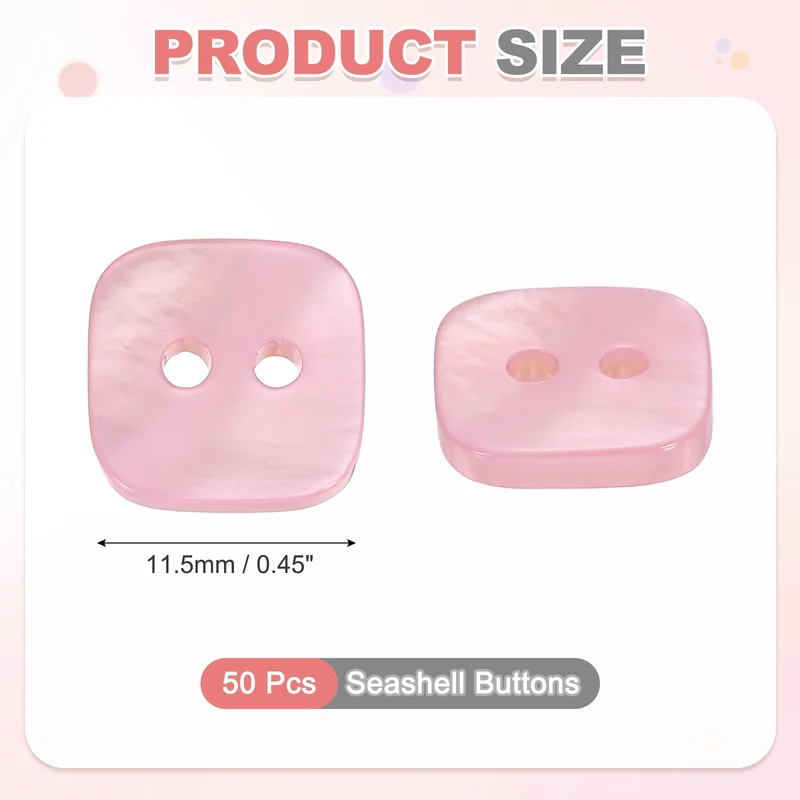 50 Pcs Square Mother of Pearl Buttons 2 Holes 11.5mm for Sewing Crafts Pink