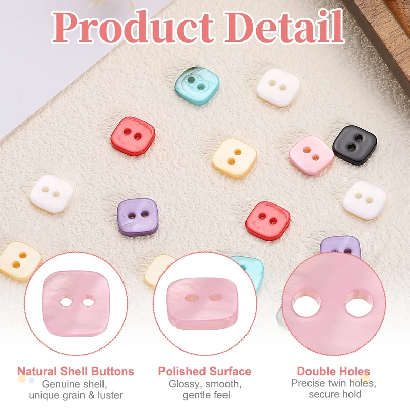 50 Pcs Square Mother of Pearl Buttons 2 Holes 11.5mm for Sewing Crafts Pink