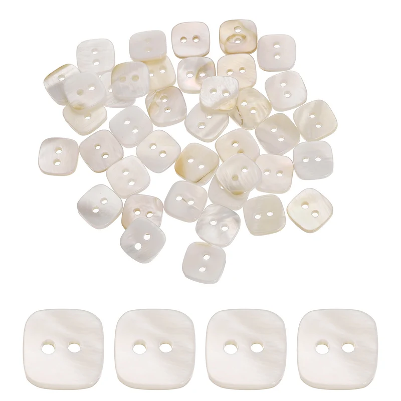 50 Pcs Square Mother of Pearl Buttons 2 Holes 11.5mm for Sewing Crafts White