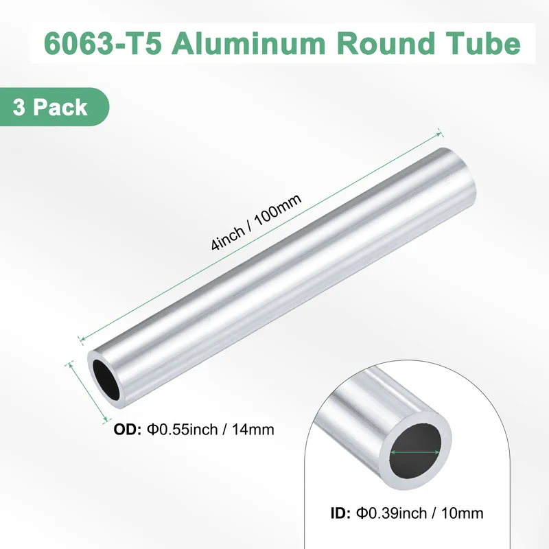 3-Pack 6063 Aluminum Round Tube, 10mmx14mm(IDxOD) 100mm Length Straight Tubing