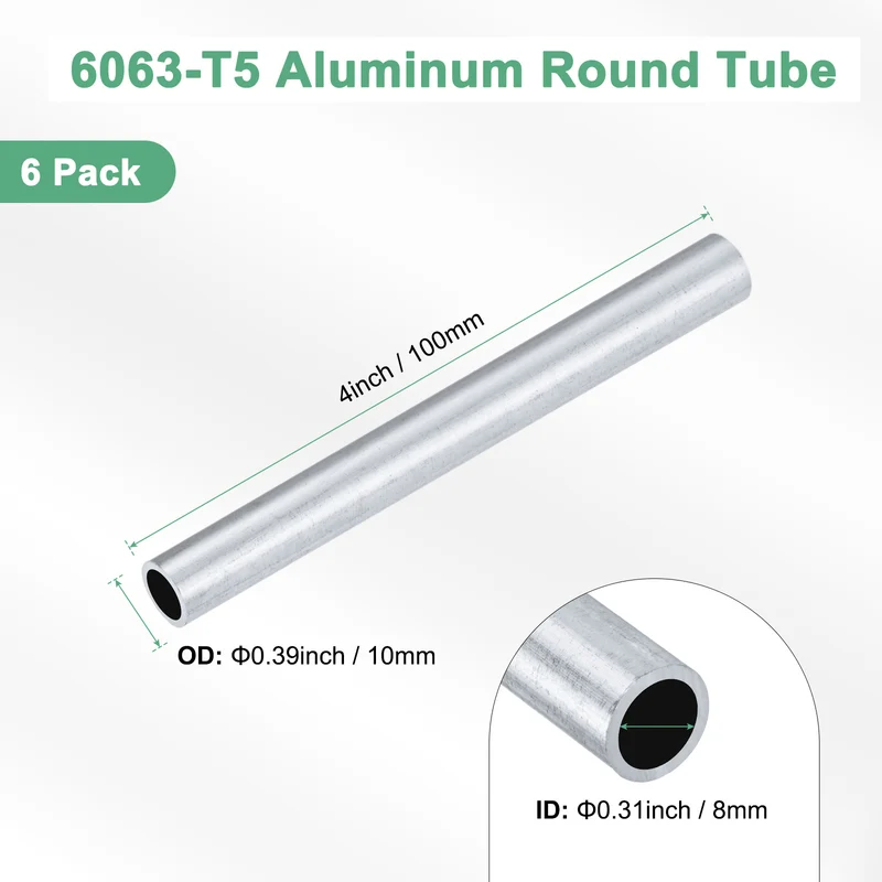 6-Pack 6063 Aluminum Round Tube, 8mmx10mm(IDxOD) 100mm Length Straight Tubing