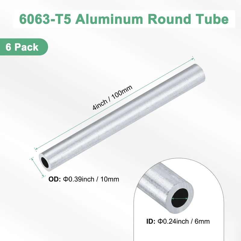 6-Pack 6063 Aluminum Round Tube, 6mmx10mm(IDxOD) 100mm Length Straight Tubing