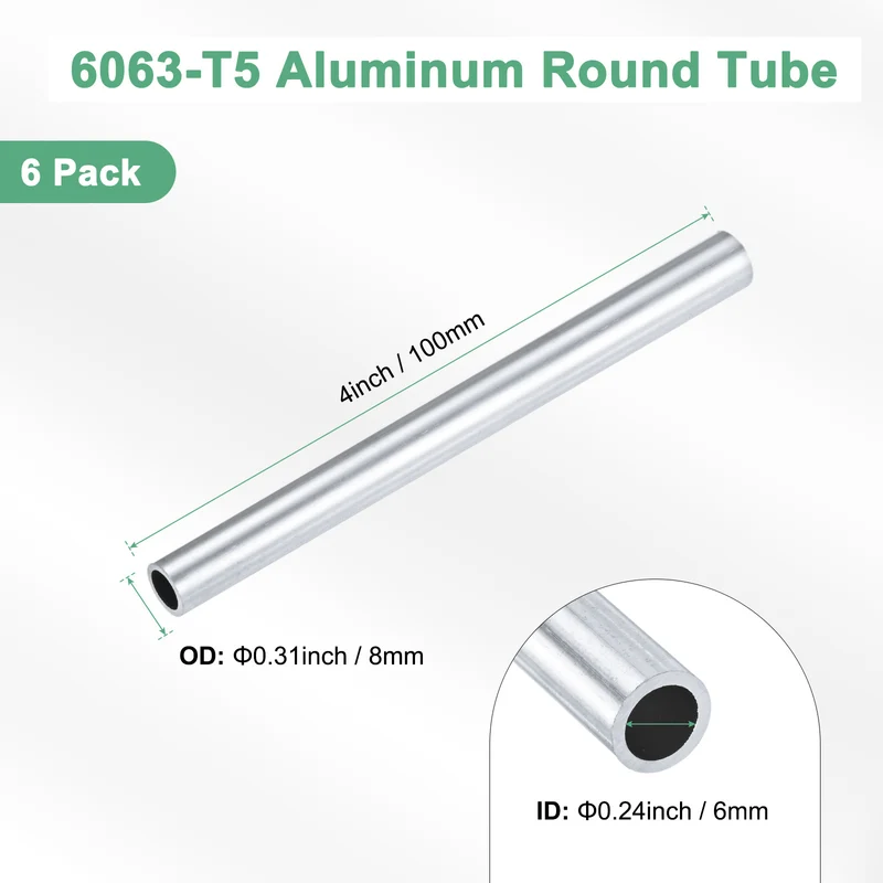 6-Pack 6063 Aluminum Round Tube, 6mmx8mm(IDxOD) 100mm Length Straight Tubing