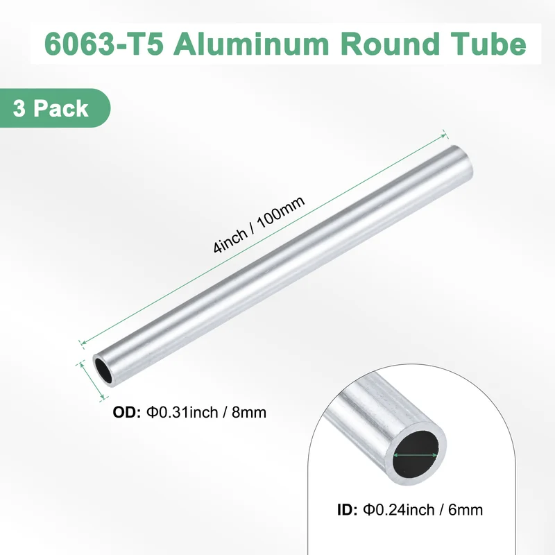 3-Pack 6063 Aluminum Round Tube, 6mmx8mm(IDxOD) 100mm Length Straight Tubing
