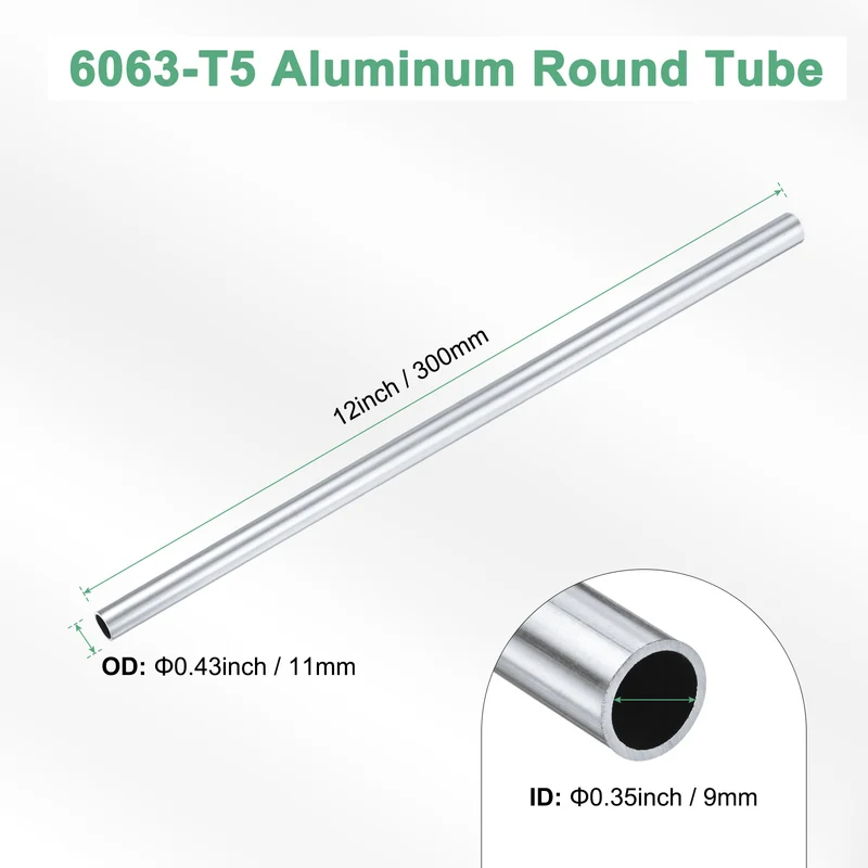 1-Pack 6063 Aluminum Round Tube, 9mmx11mm(IDxOD) 300mm Length Straight Tubing