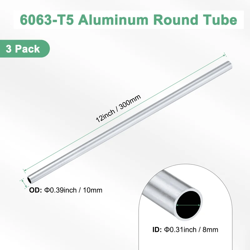3-Pack 6063 Aluminum Round Tube, 8mmx10mm(IDxOD) 300mm Length Straight Tubing