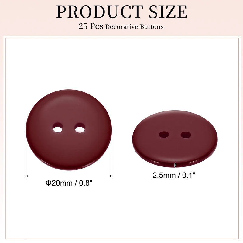 25 Pcs 20mm Resin Sewing Buttons, 2 Hole for Sewing Coats Shirts, Dark Red