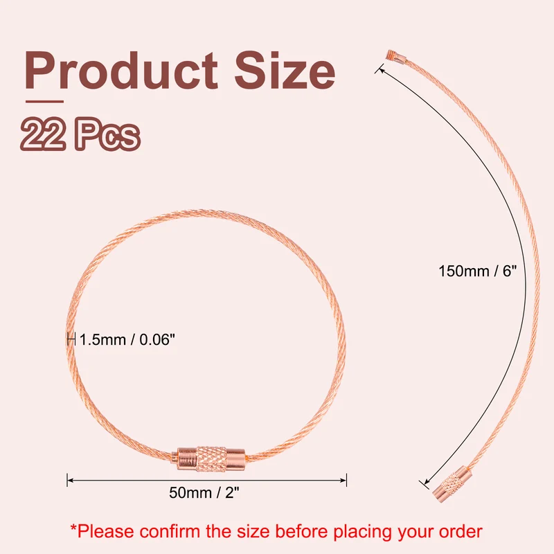 22Pcs Wire Keychain Cable 6 Inch Metal Wire Key Ring Loop Rose Gold