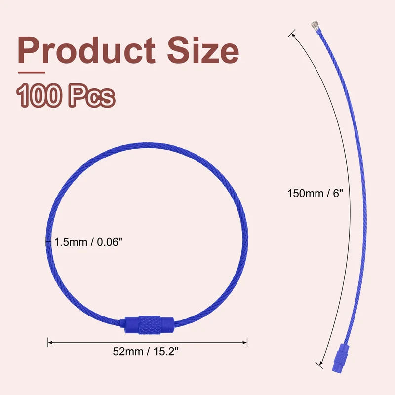 100 Pcs Wire Keychain Cable, 6 Inch Metal Wire Key Ring Loop, Dark Blue