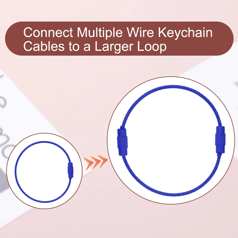 100 Pcs Wire Keychain Cable, 6 Inch Metal Wire Key Ring Loop, Dark Blue