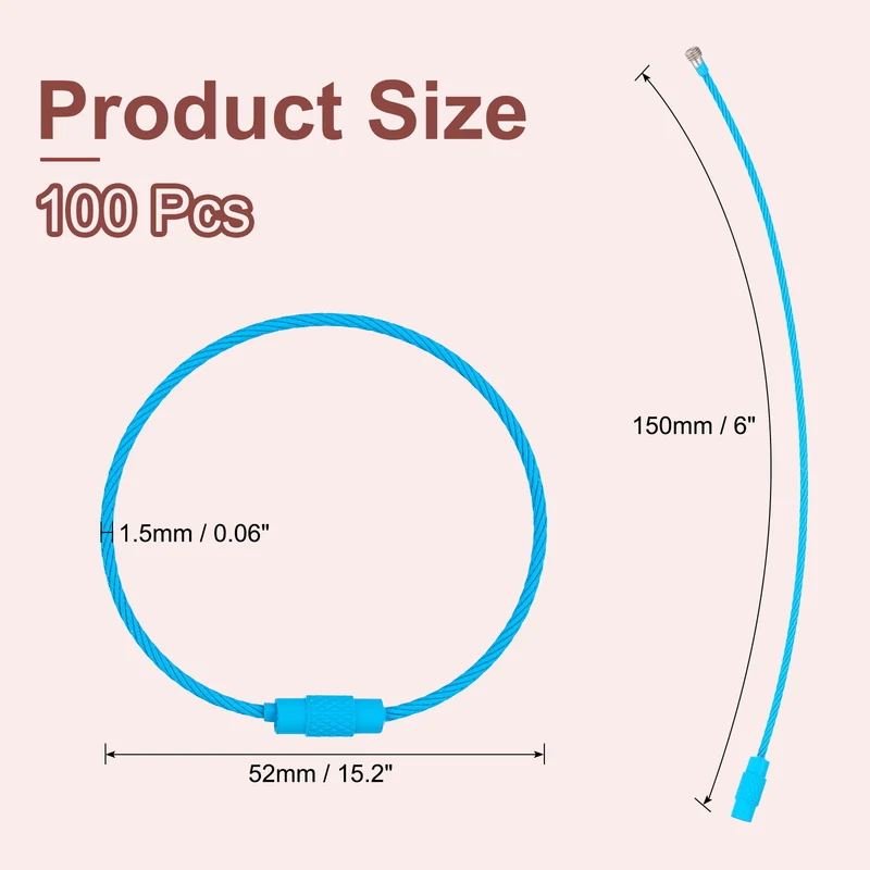 100 Pcs Wire Keychain Cable, 6 Inch Metal Wire Key Ring Loop, Light Blue