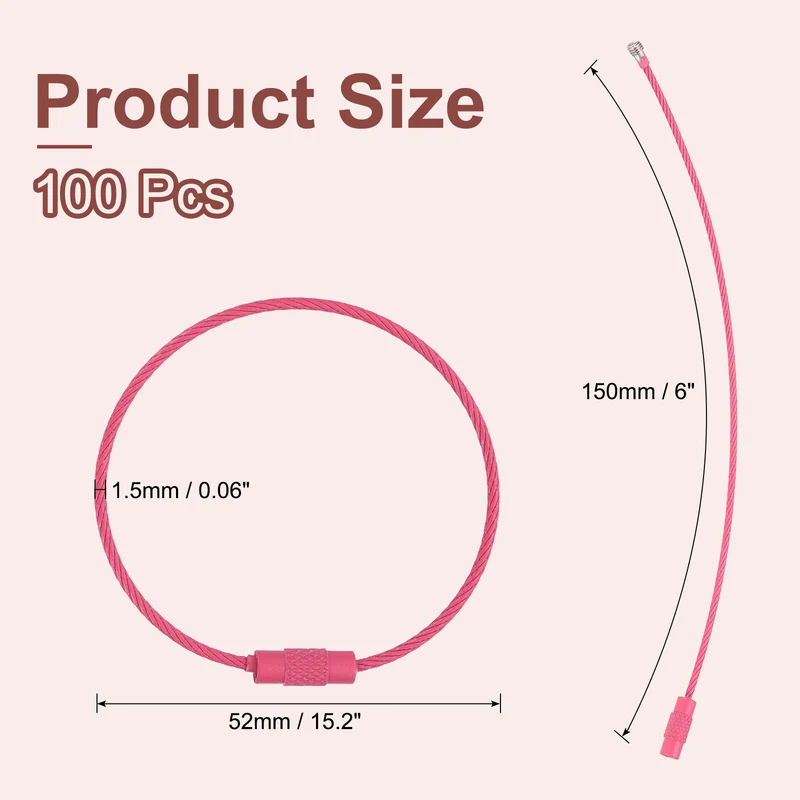 100 Pcs Wire Keychain Cable, 6 Inch Metal Wire Key Ring Loop, Rose Red
