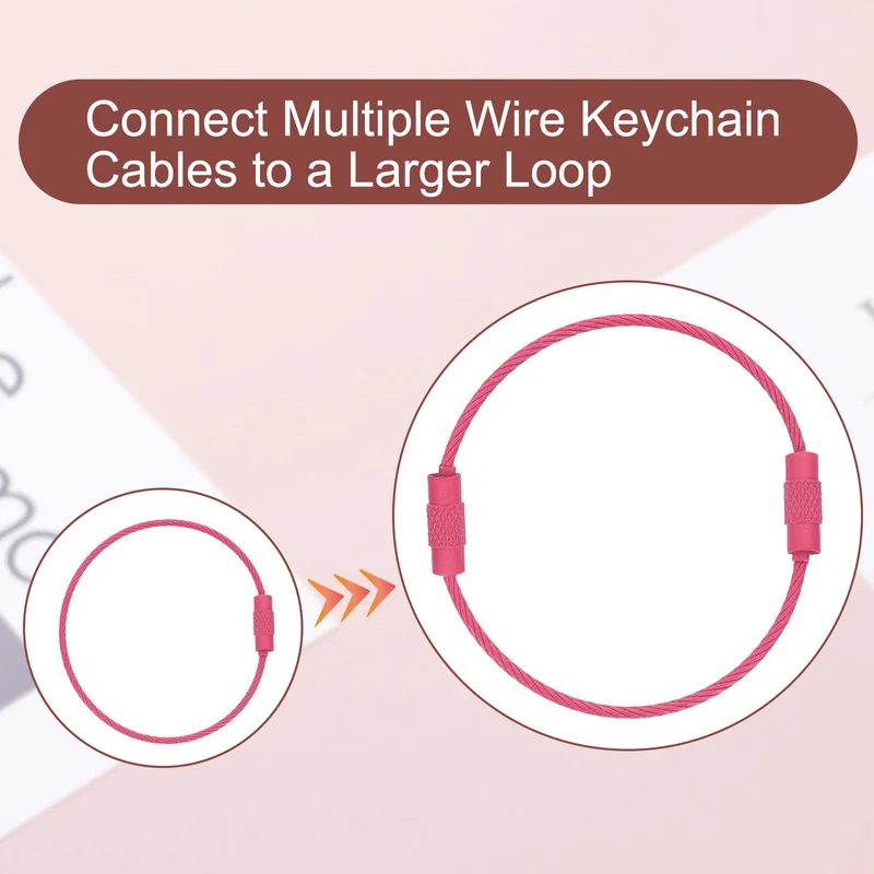 100 Pcs Wire Keychain Cable, 6 Inch Metal Wire Key Ring Loop, Rose Red