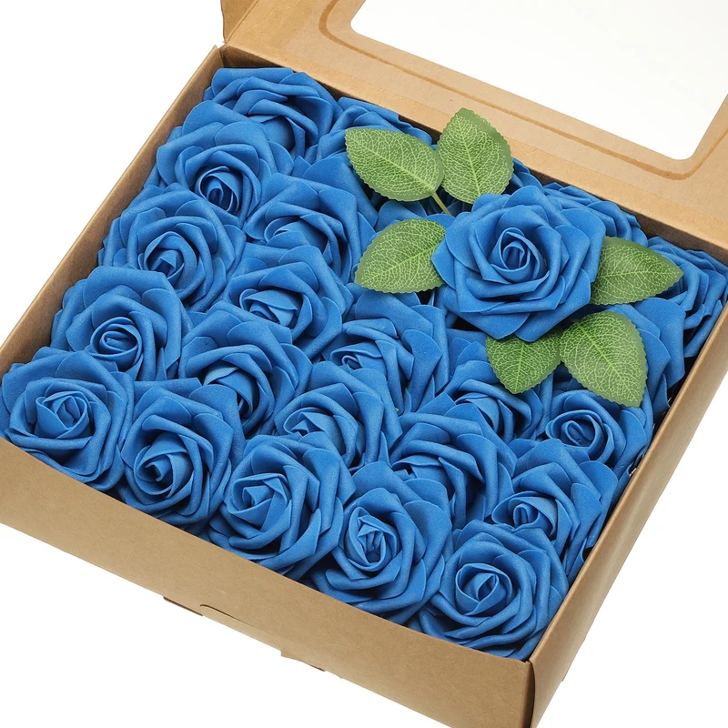 50Pcs 3.15 Inch Fake Roses with Stems Artificial Flowers Wedding Decor, Blue