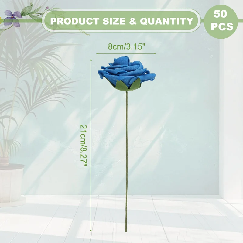 50Pcs 3.15 Inch Fake Roses with Stems Artificial Flowers Wedding Decor, Blue