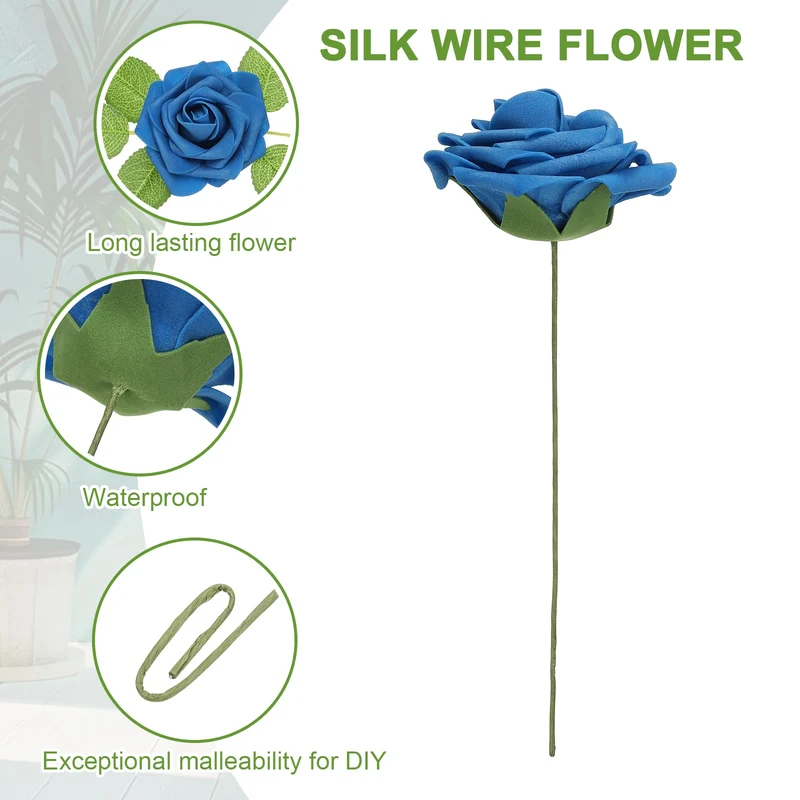 50Pcs 3.15 Inch Fake Roses with Stems Artificial Flowers Wedding Decor, Blue