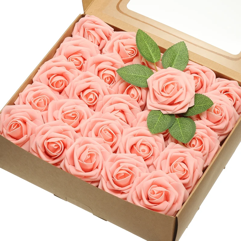 50Pcs 3.15" Fake Roses with Stems Artificial Flowers Wedding Decor, Peach Pink