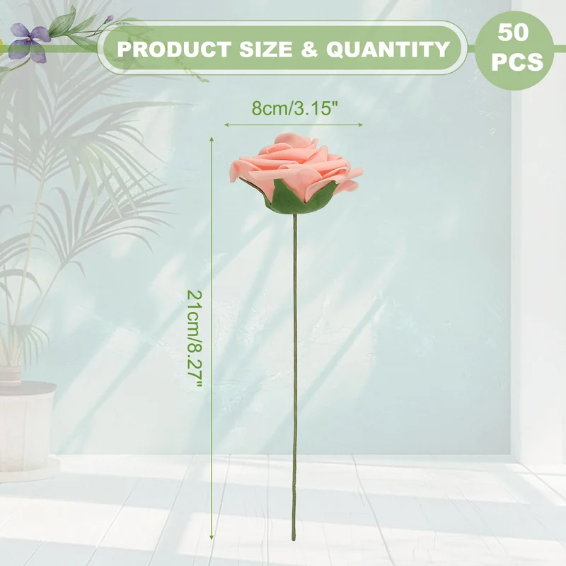 50Pcs 3.15" Fake Roses with Stems Artificial Flowers Wedding Decor, Peach Pink