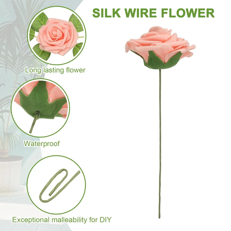 50Pcs 3.15" Fake Roses with Stems Artificial Flowers Wedding Decor, Peach Pink