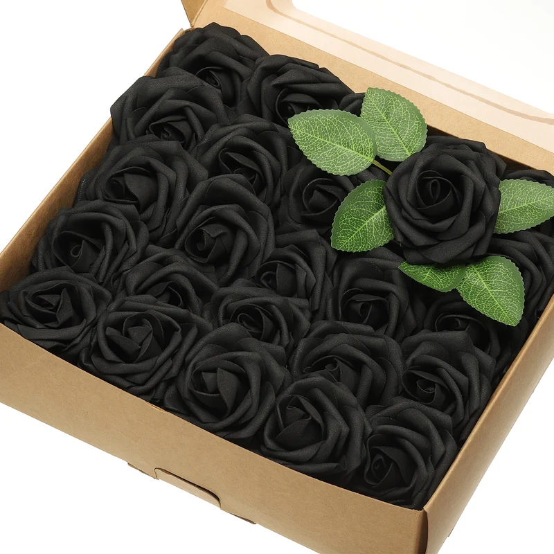 50Pcs 3.15 Inch Fake Roses with Stems Artificial Flowers Wedding Decor, Black