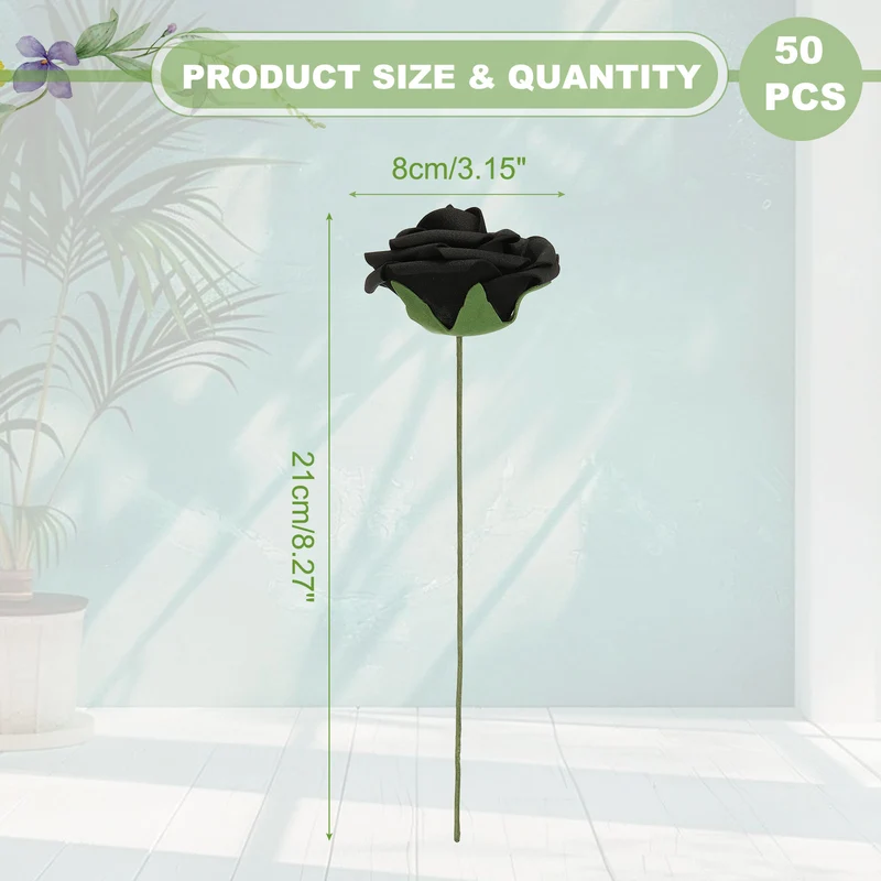 50Pcs 3.15 Inch Fake Roses with Stems Artificial Flowers Wedding Decor, Black