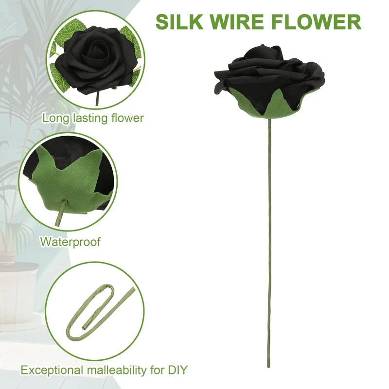 50Pcs 3.15 Inch Fake Roses with Stems Artificial Flowers Wedding Decor, Black