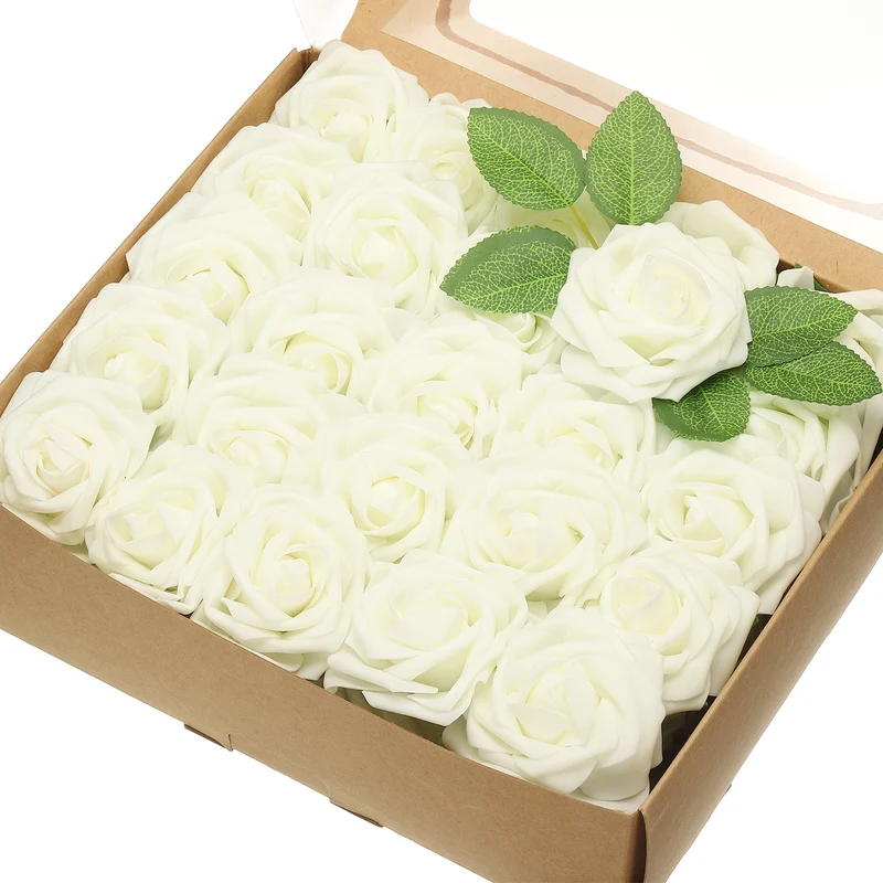 50Pcs 3.15" Fake Roses with Stems Artificial Flowers Wedding Decor, Cream White