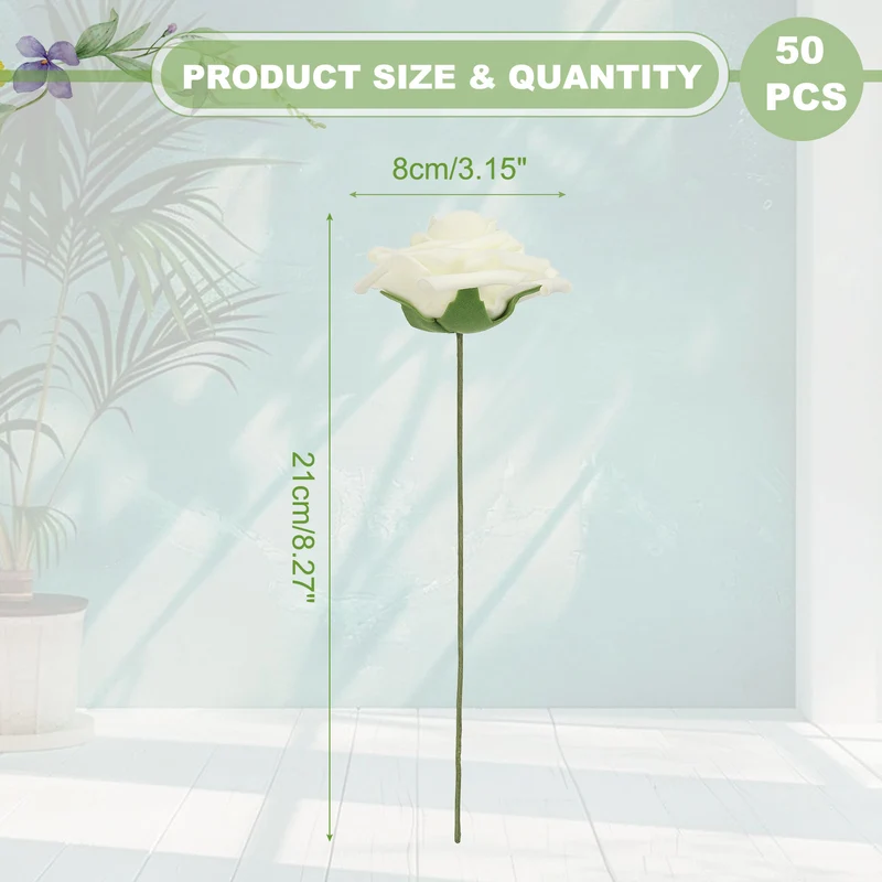 50Pcs 3.15" Fake Roses with Stems Artificial Flowers Wedding Decor, Cream White