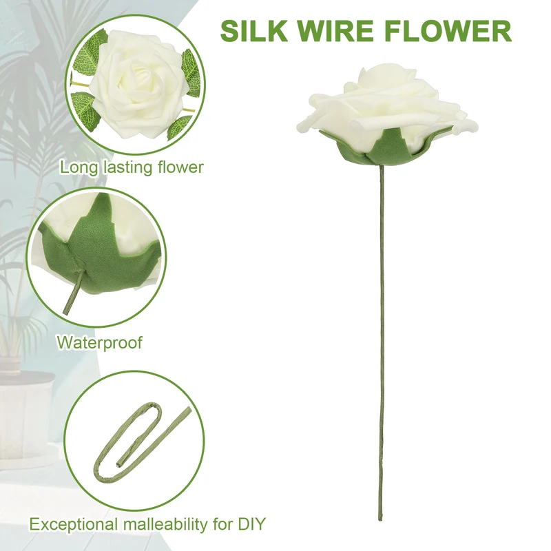 50Pcs 3.15" Fake Roses with Stems Artificial Flowers Wedding Decor, Cream White