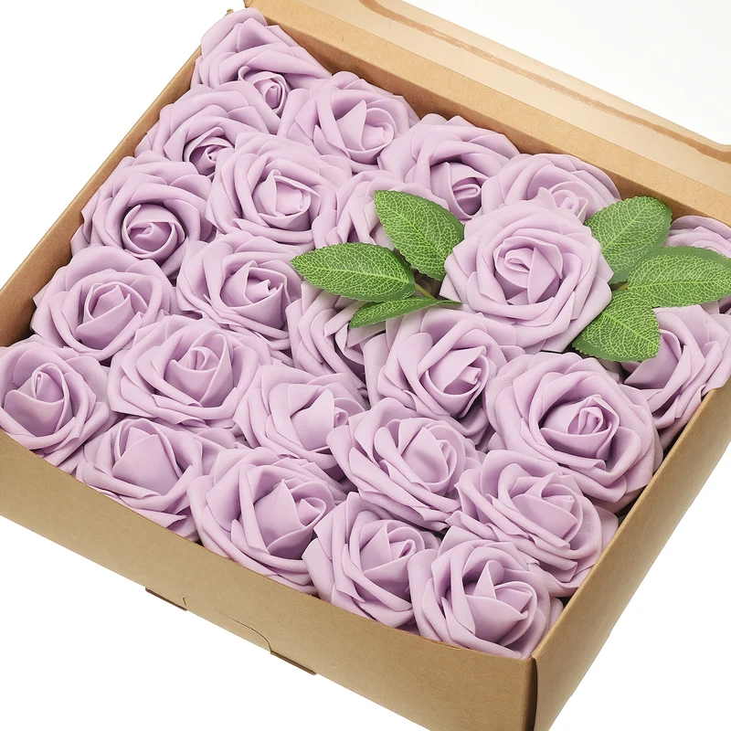 50Pcs 3.15" Fake Roses with Stems Artificial Flowers Wedding Decor, Light Purple