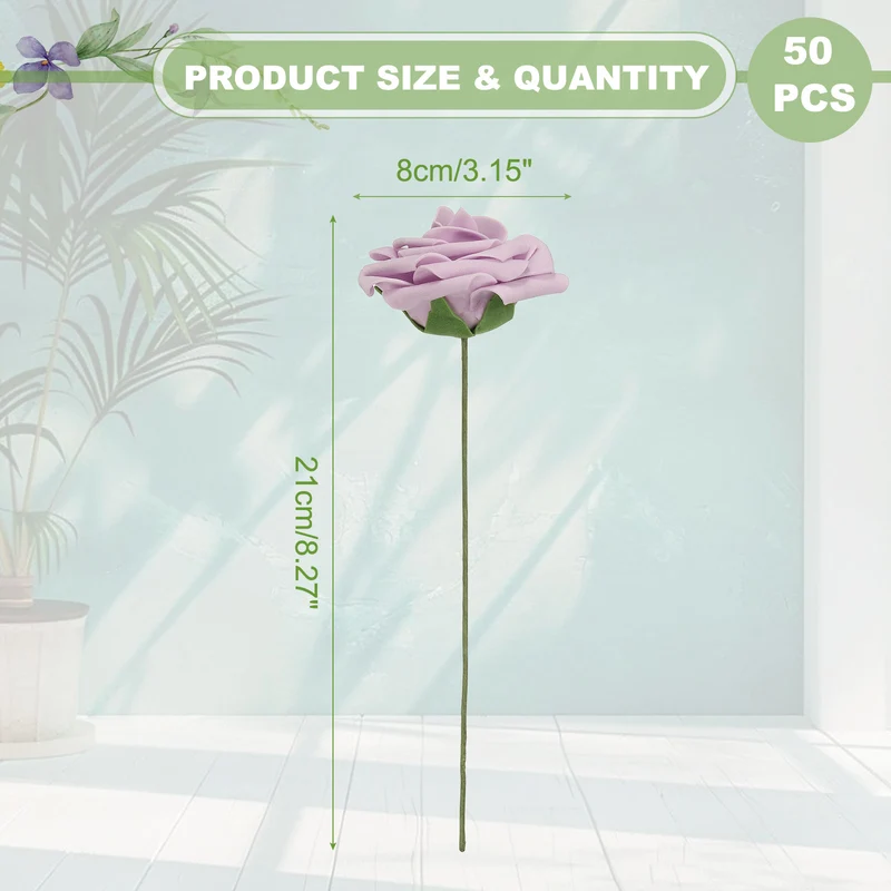 50Pcs 3.15" Fake Roses with Stems Artificial Flowers Wedding Decor, Light Purple
