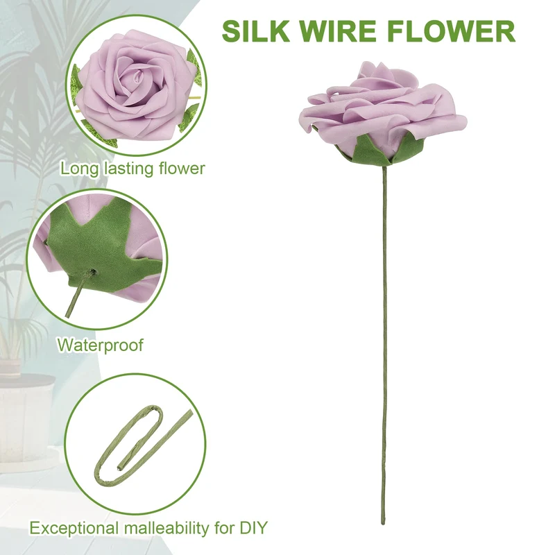 50Pcs 3.15" Fake Roses with Stems Artificial Flowers Wedding Decor, Light Purple