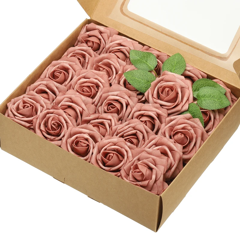 50Pcs 3.15" Fake Roses with Stems Artificial Flowers Wedding Decor, Dusty Rose