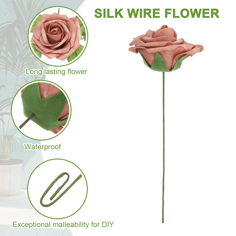 50Pcs 3.15" Fake Roses with Stems Artificial Flowers Wedding Decor, Dusty Rose
