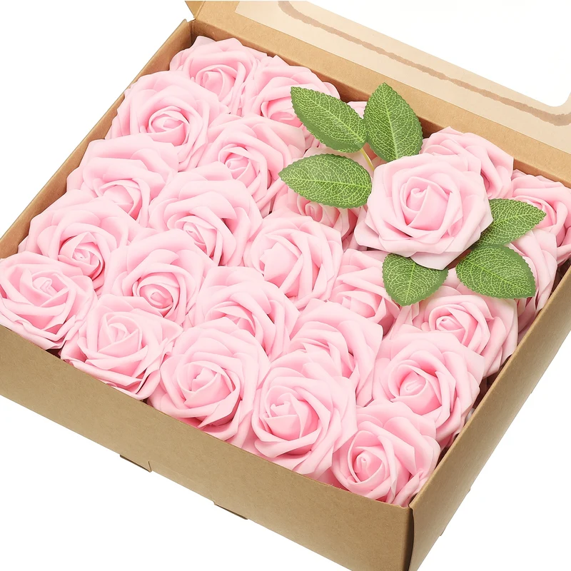 50Pcs 3.15 Inch Fake Roses with Stems Artificial Flowers Wedding Decor, Pink