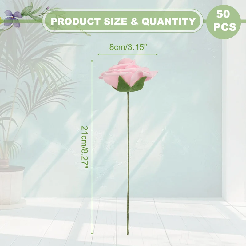 50Pcs 3.15 Inch Fake Roses with Stems Artificial Flowers Wedding Decor, Pink