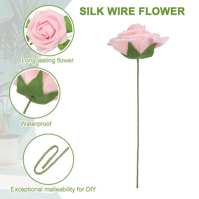 50Pcs 3.15 Inch Fake Roses with Stems Artificial Flowers Wedding Decor, Pink