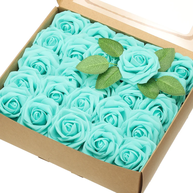 50Pcs 3.15" Fake Roses with Stems Artificial Flowers Wedding Decor, Turquoise