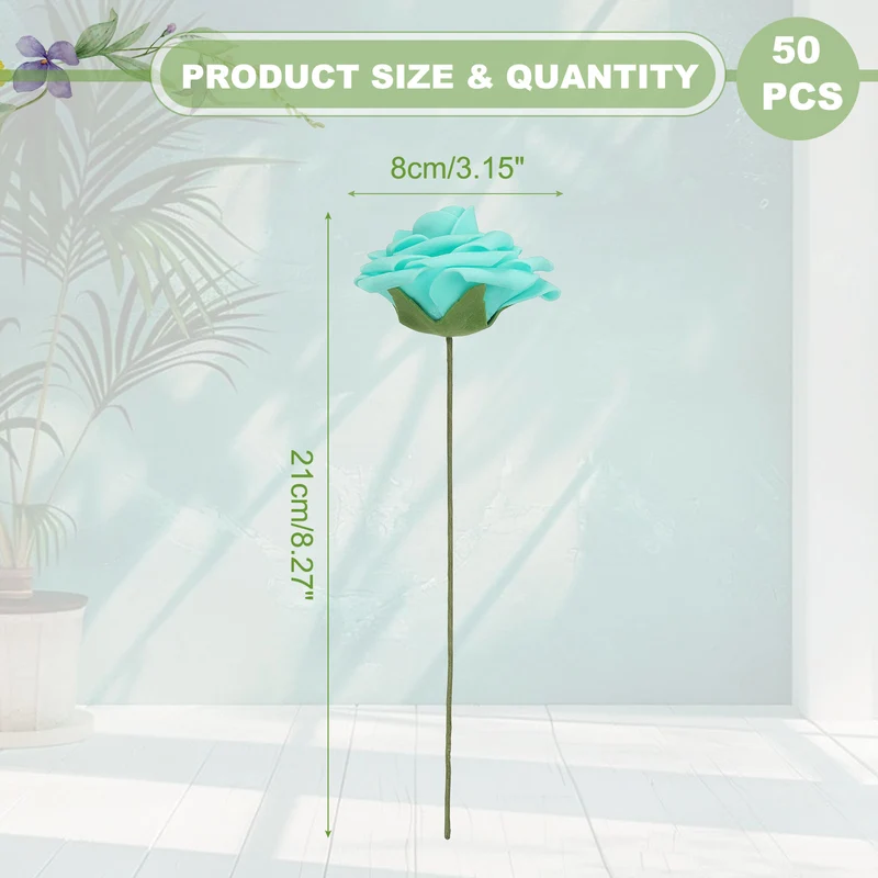 50Pcs 3.15" Fake Roses with Stems Artificial Flowers Wedding Decor, Turquoise
