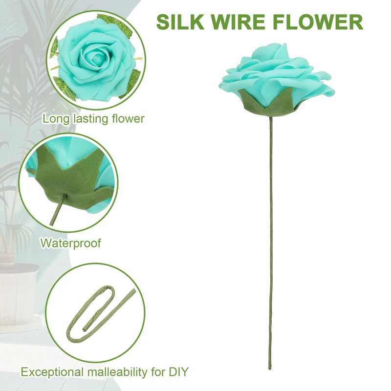 50Pcs 3.15" Fake Roses with Stems Artificial Flowers Wedding Decor, Turquoise