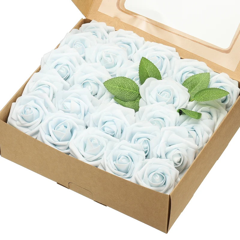 50Pcs 3.15" Fake Roses with Stems Artificial Flowers Wedding Decor, Powder Blue